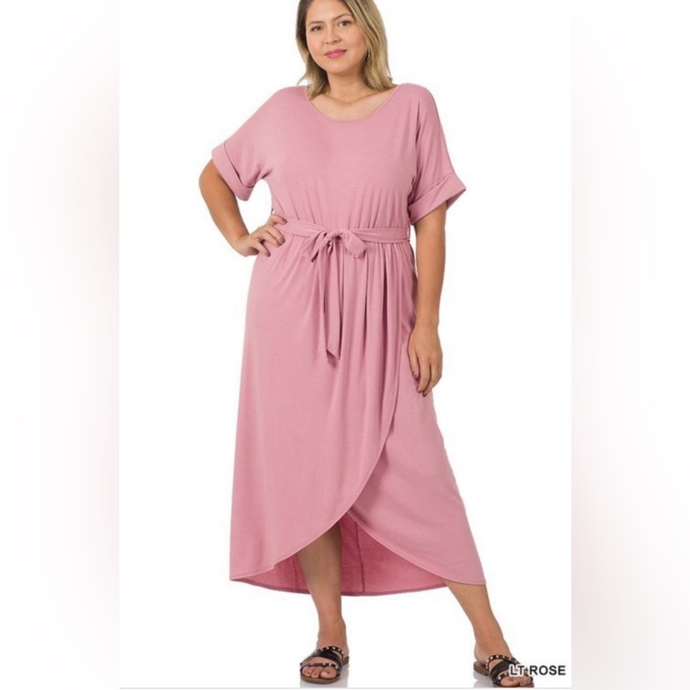 “I Choose Me” Faux Wrap Belted Knit Dress in Light Rose